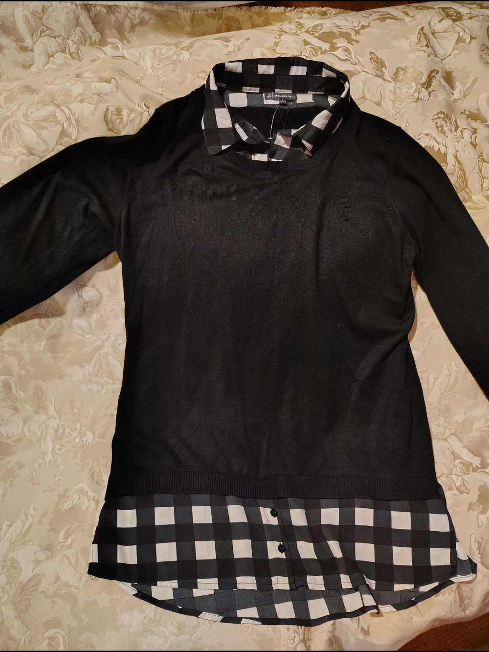 Adrianna Papell Black Knit Sweater with Black & White Check Shirt Detail